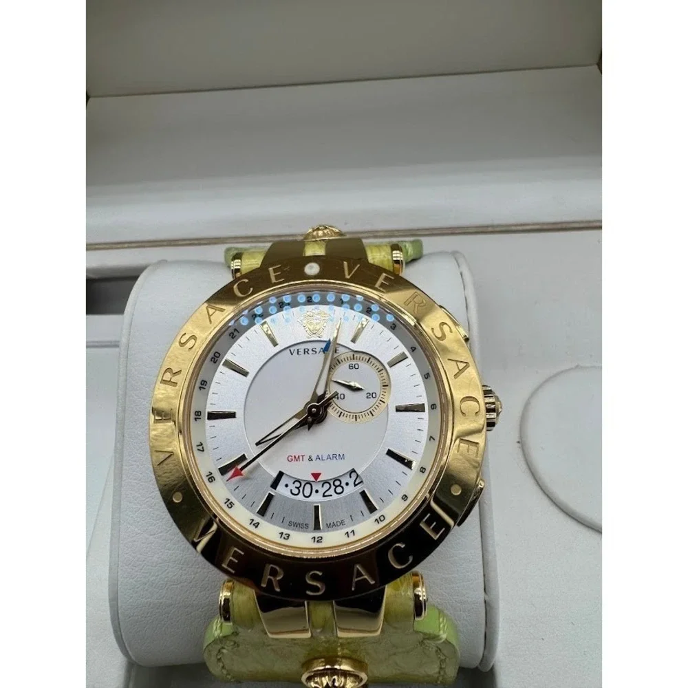Versace GMT & Alarm Gold Tone Watch Lime Green Leather Strap Medusa Swiss Made